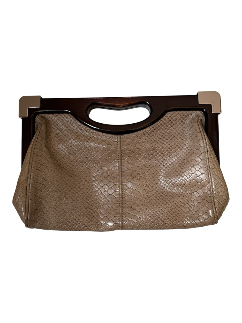 Rebecca Minkoff Taupe Textured Leather Clutch with Wooden Handle. Livers model.